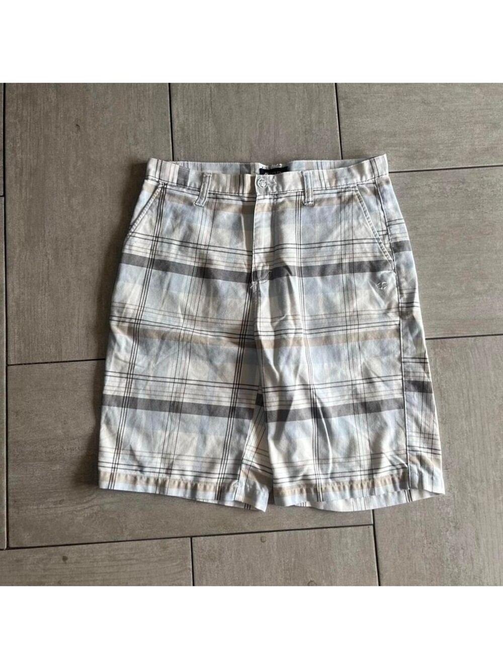 Split Plaid Mens Shorts 33 Blue Grey Tan Skater Casual Summer PA090